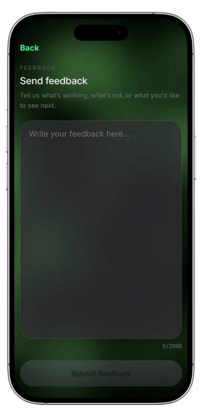 CalorieTalk feedback screen with a message input