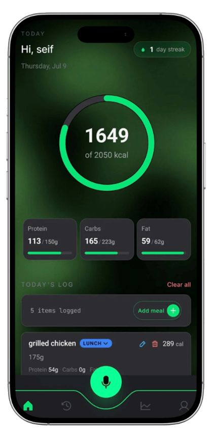 CalorieTalk home screen showing today's calories and macro ring